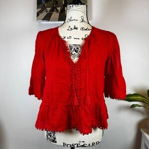 Madewell Peplum Top Pom‎ Trim Button Down Blouse Bohemian Red XXS